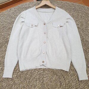 White Ribbed Knit Cardigan Flap Pocket Detail